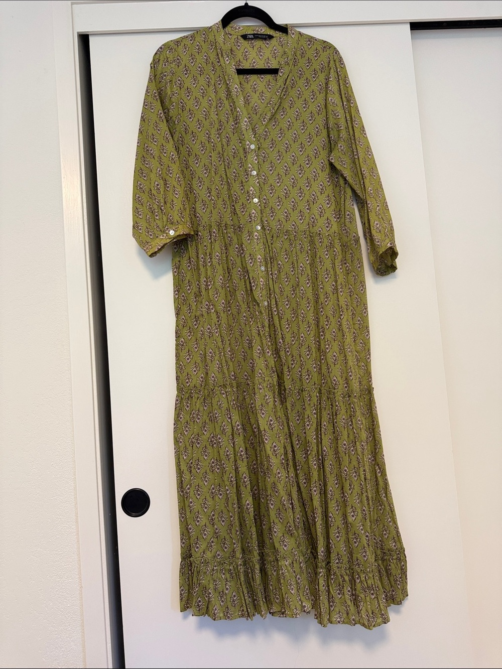 Olive Green Printed Button-Front Maxi Dress
